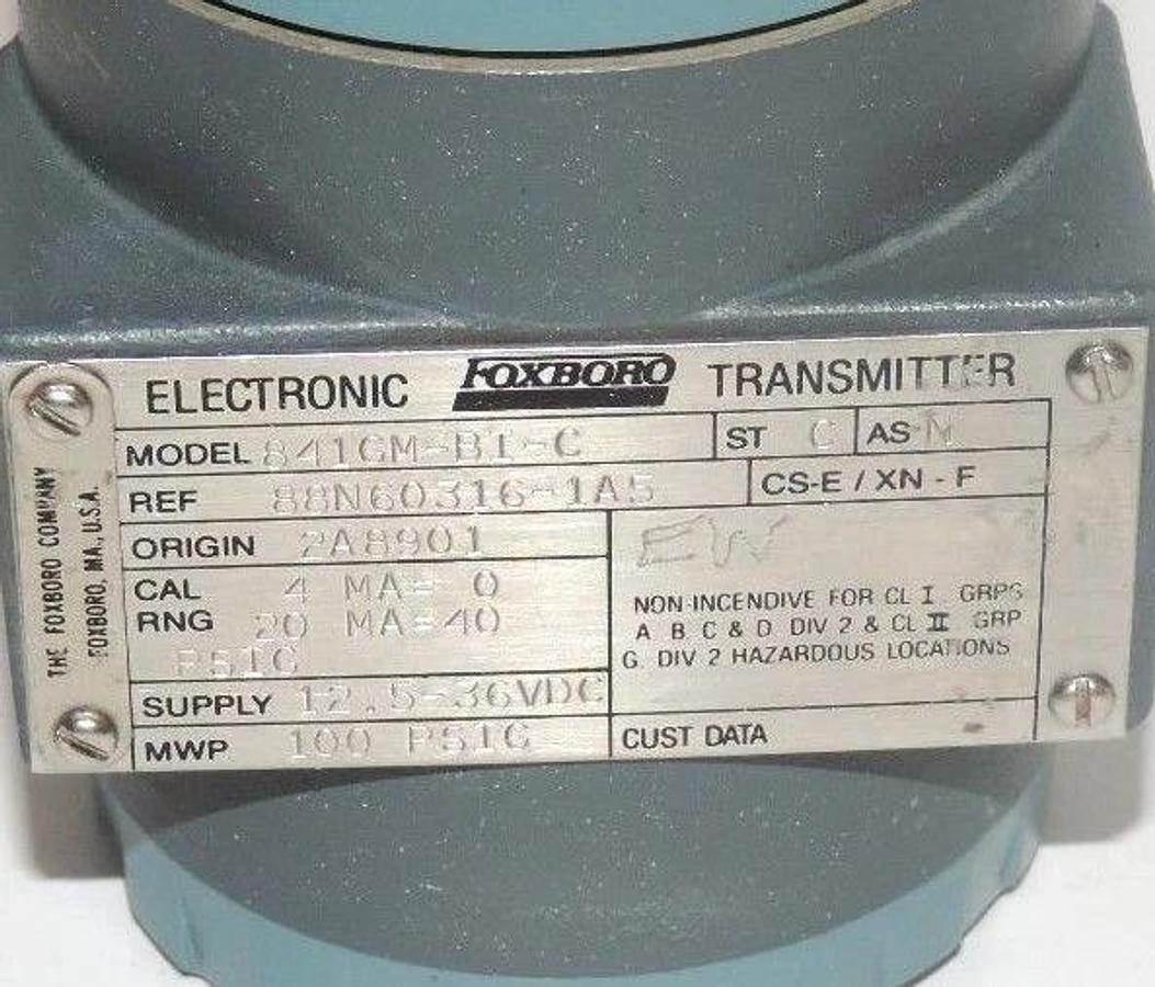 Used FOXBORO MODEL 841GM-BI-C TRANSMITTER REF. 88N60316-1A5 ORIGIN 2A8901, 12.5-36VDC