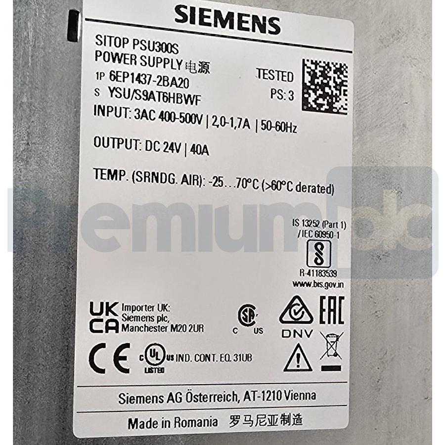 Siemens 6EP1437-2BA20 SITOP PSU300S Power Supply 3AC 400-500V DC 24V 40A NSMP