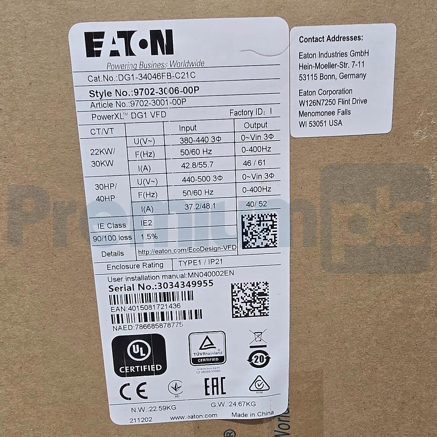 Used Eaton DG1-34046FB-C21C PowerXL DG1 VFD Drive 30HP 400V 3Ph 9702-3006-00P NSFS