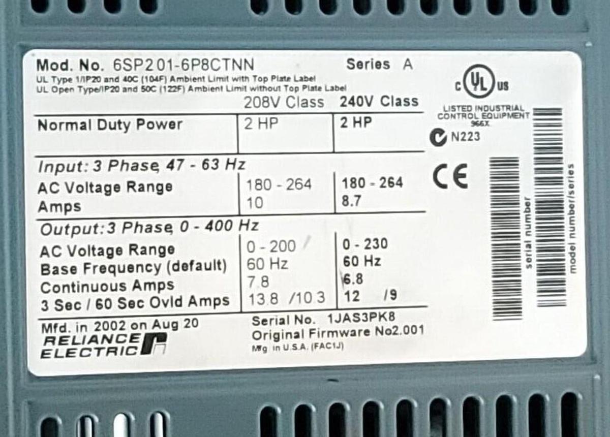 Used RELIANCE ELECTRIC 6SP201-6P8CTNN /A SP600 AC DRIVE 2HP FRN: 2.001 6SP2016P8CTNN