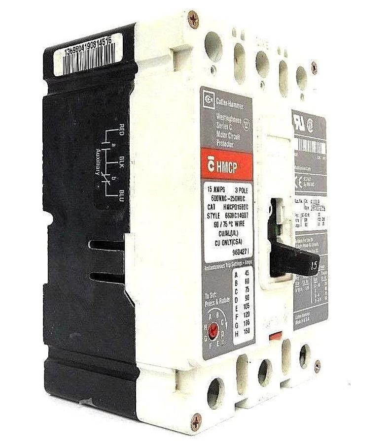 Used WESTINGHOUSE HMCP015E0C CIRCUIT BREAKER STYLE: 6638C14G07, SER. C, 15AMP, 3-POLE