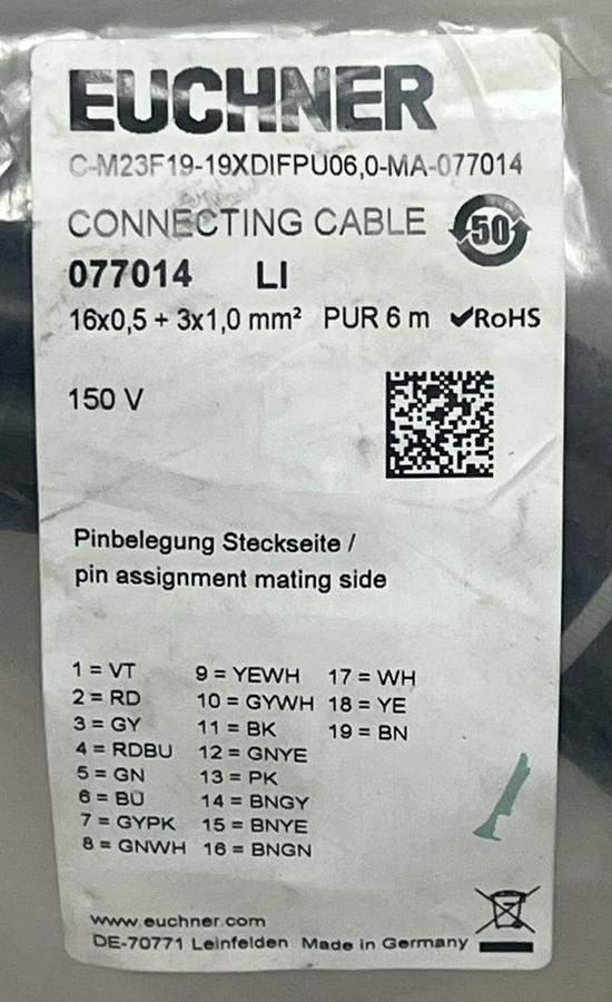 Used Euchner 077014 Connecting Cable C-M23F19-19XDIFPU06,0-MA-077014 6M - NSFS