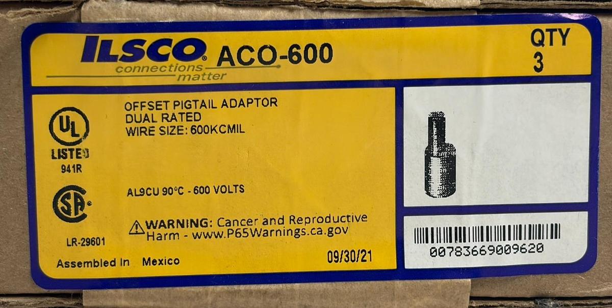 Used ILSCO ACO-600 Offset Pigtail Adaptor Conductor Size 600KCMIL Box of 3
