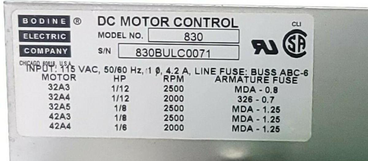 Used BODINE ELECTRIC COMPANY 830 DC MOTOR CONTROL 115VAC, 50/60HZ 4.2A