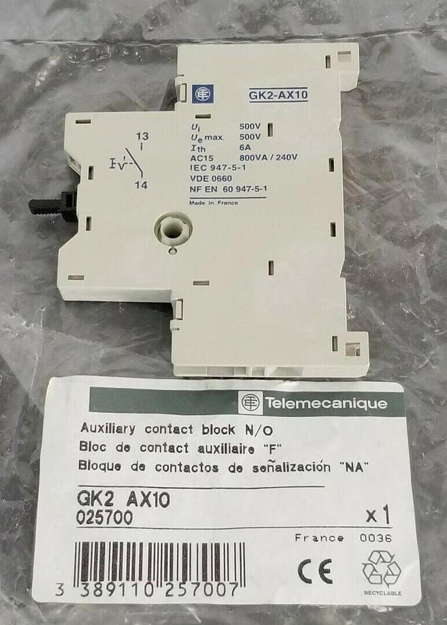 Used NEW TELEMECANIQUE GK2-AX10 AUX. CONTACT BLOCK N/O GK2AX10