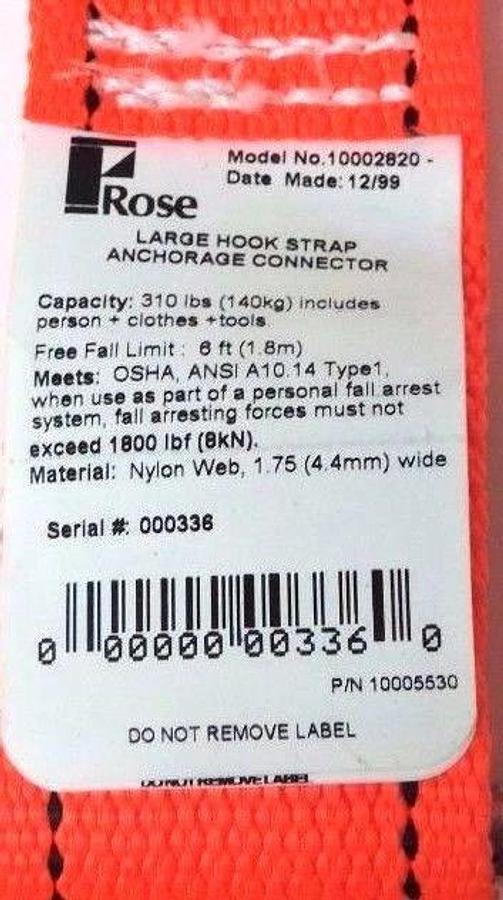 Used NEW ROSE 10002820 LARGE HOOK & STRAP ANCHORAGE CONNECTOR