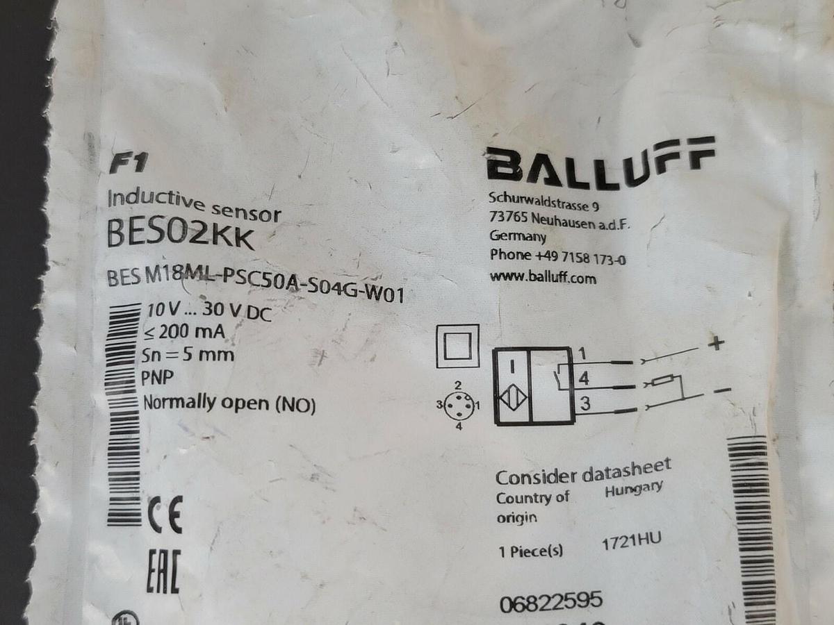 NEW BALLUFF BES M18ML-PSC50A-S04G-W01 INDUCTIVE SENSOR BES02KK, 10V...30V DC