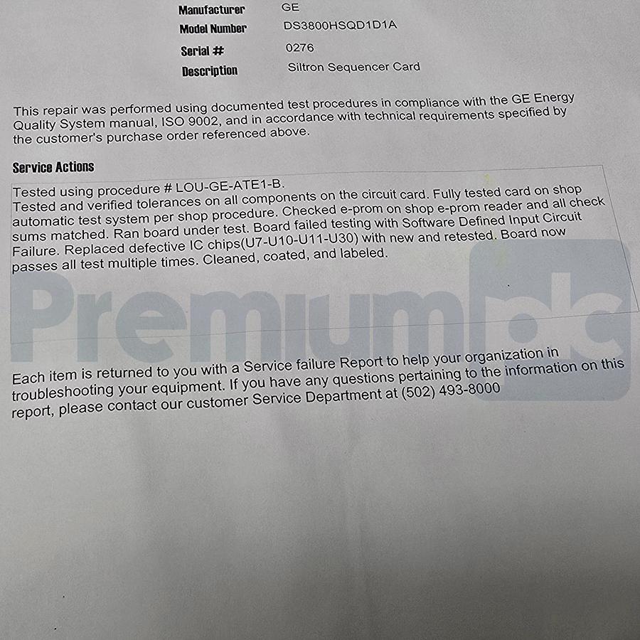 Refurbished GE DS3800HSQD Speedtronic Mark IV Sequencer Board w/DS3800DSQD & DS3800DSQE REP.