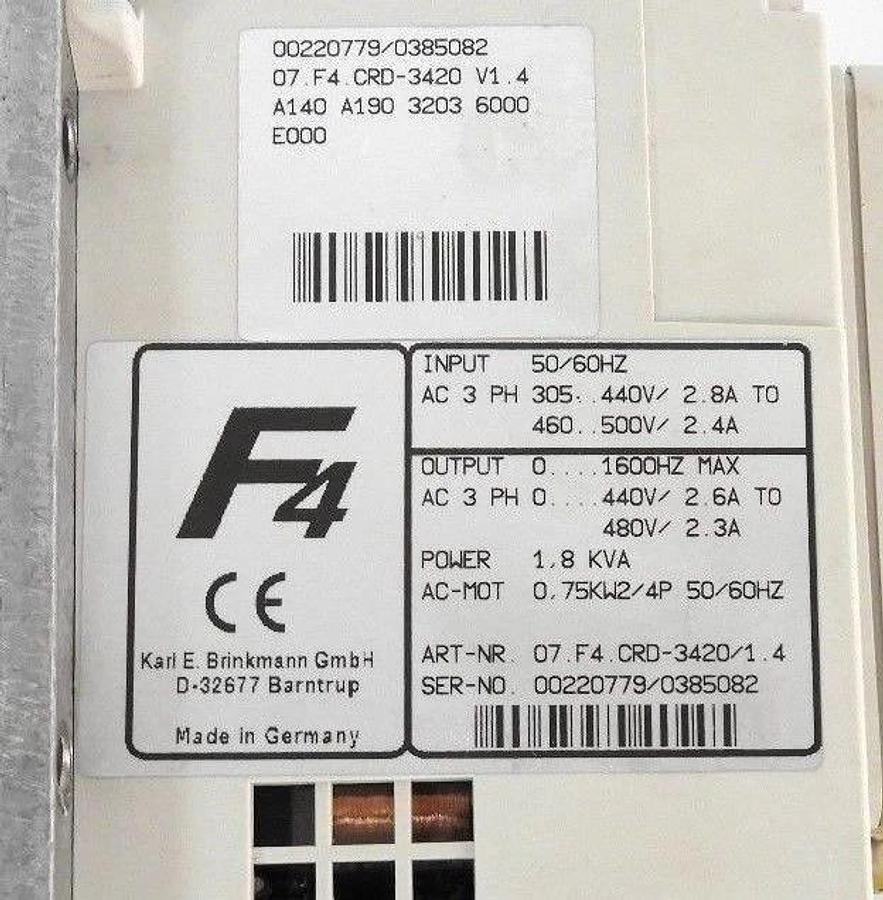 Used KEB COMBIVERT 07.F4.CRD-3420 V1.4 FREQUENCY CONVERTER DRIVE W/ 00.F4.010-1009