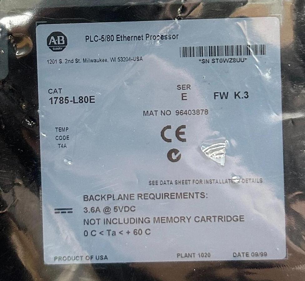 Refurbished ALLEN BRADLEY 1785-L80E /E PLC-5/80 EtherNet PROCESSOR 100K WORD SRAM REMAN.
