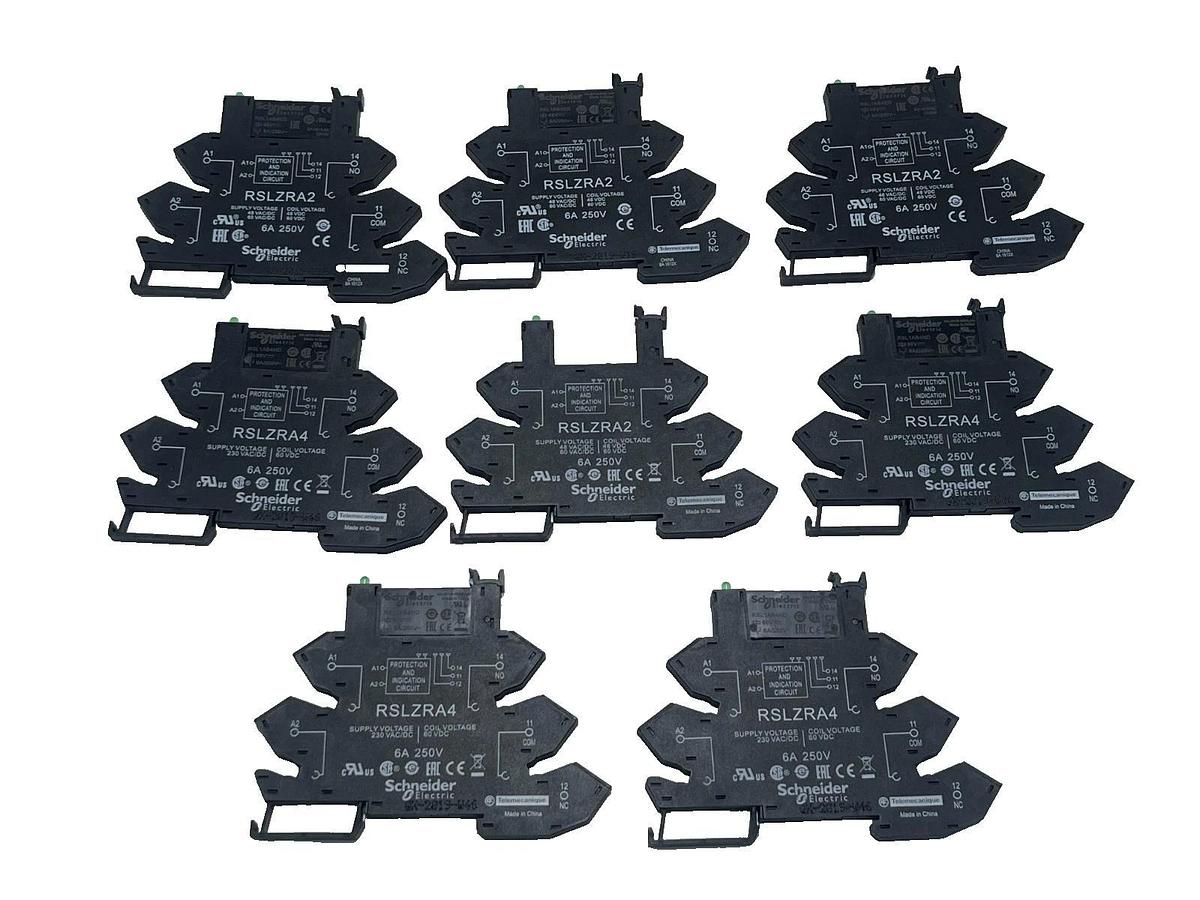 LOT OF 8 SCHNEIDER SLIM DIN RAIL SOCKET (4) RSLZRA2 & (4) RSLZRA4 (1) - NO RELAY