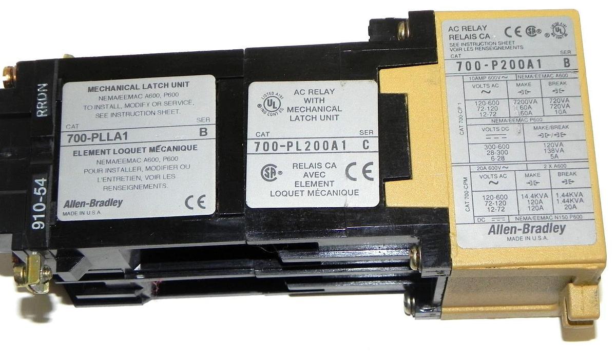 Used 2 ALLEN BRADLEY 700-PLLA1 LATCH W/ 700-PL200A1 CONTROL RELAY & 700-P200A1 RELAY