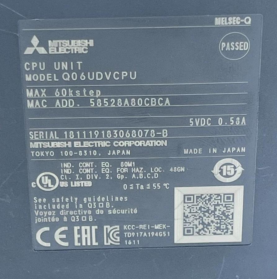 Mitsubishi Q06UDVCPU Universal High-Speed Model Q PLC CPU 60K Steps Ethernet USB