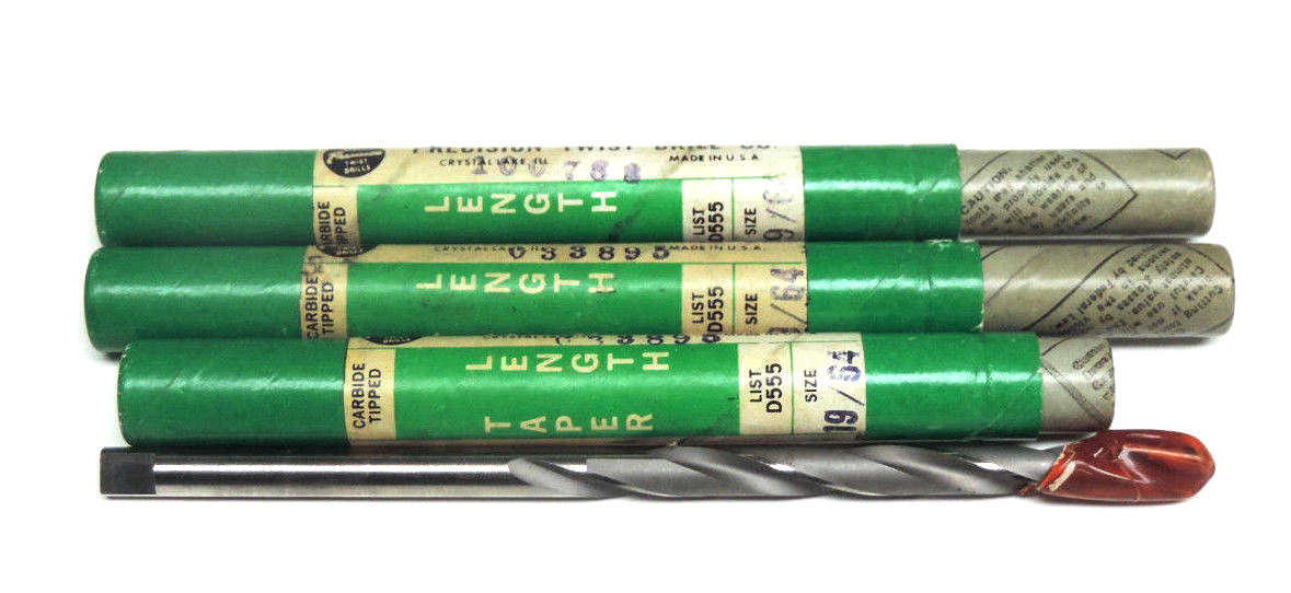 LOT OF 3 NEW PRECISION TWIST CARBIDE TIPPED DRILL 19/64 STRAIGHT TWIST BITS D555