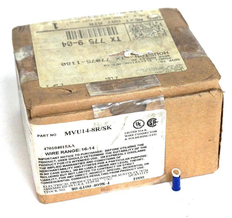 Used BOX OF 1000 NEW 3M MVU14-8R/SK RING TONGUE TERMINALS, 16-14 AWG, #8, MVU148RSK