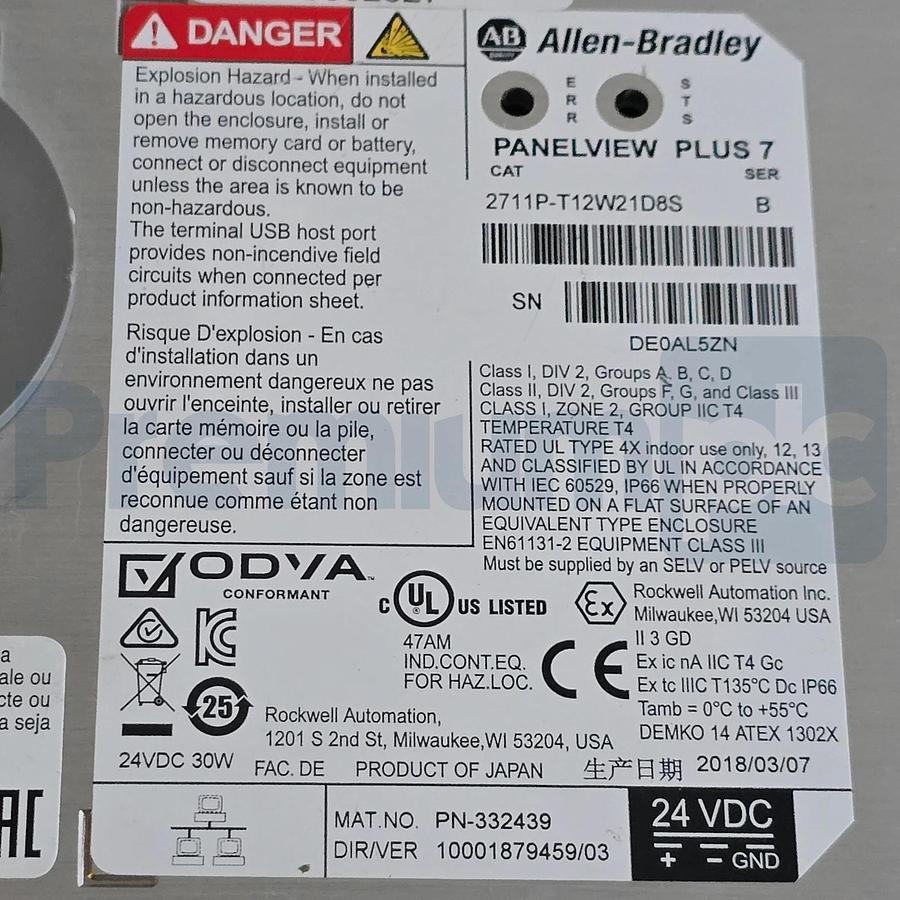 Used ALLEN BRADLEY 2711P-T12W21D8S /B PanelView Plus 7 1200 TERMINAL UNITHERM (read) 887172715433