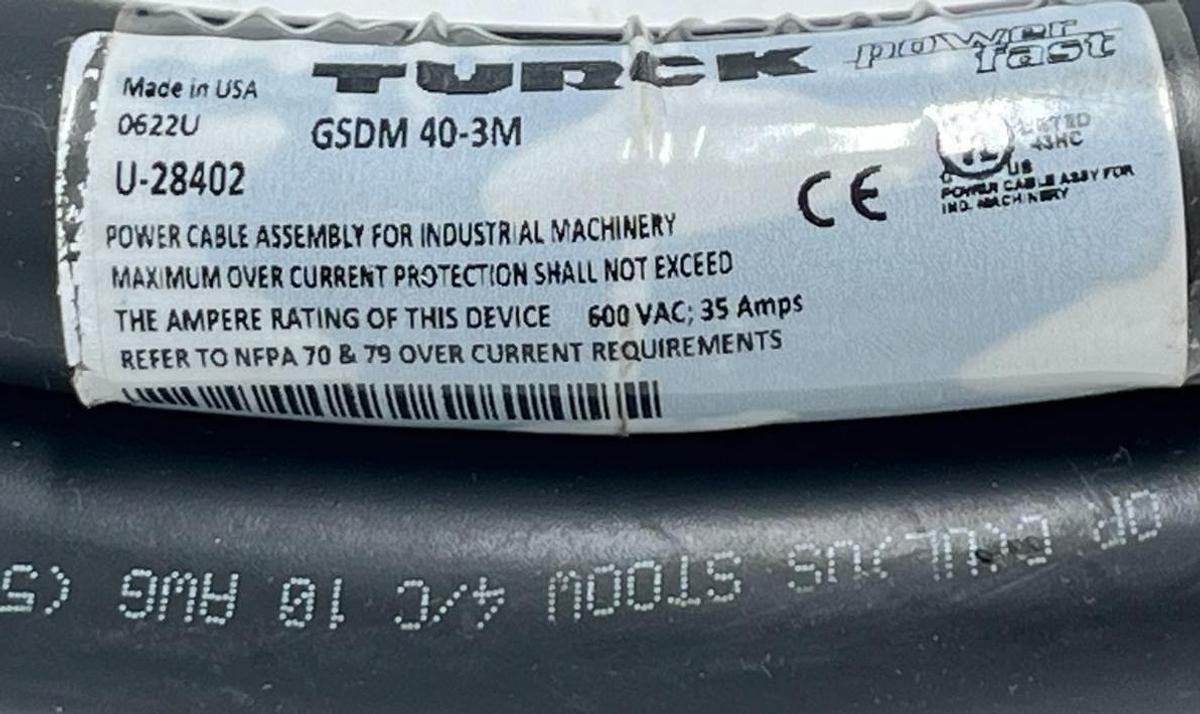 Used TURCK GSDM 40-3M PowerFast Cordset 3 Meter 4-Pin 1-3/8" D-Size Male Connector