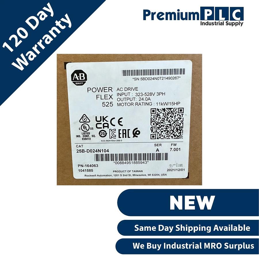 Used NEW ALLEN BRADLEY 25B-D024N104 /A PowerFlex 525 AC DRIVE 11kW/15HP MFD: 2021
