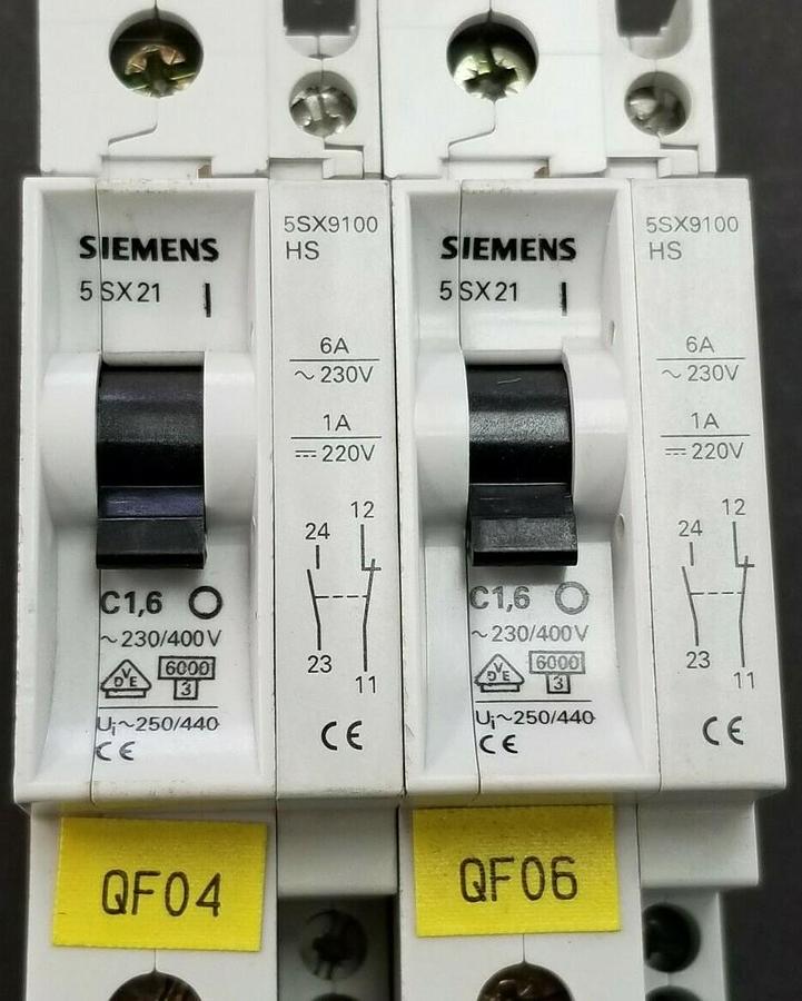 Used LOT OF 2 SIEMENS 5SX21-C1-6 CIRCUIT BREAKERS W/ 5SX9100-HS CONTACT BLOCKS