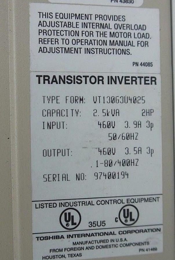 Used TOSHIBA VT130G3U4025 TRANSISTOR INVERTER 2.5KVA, 2HP, 460V ENCLOSURE ONLY