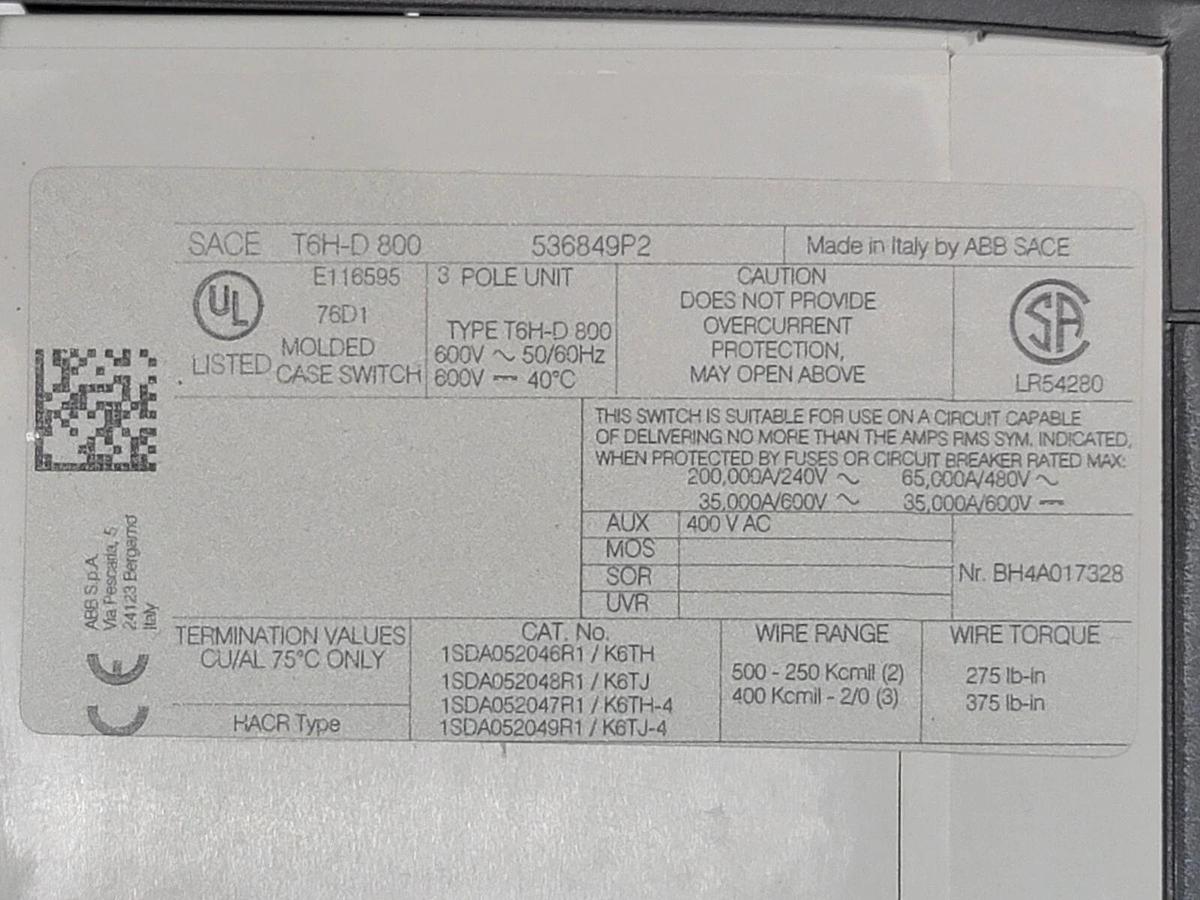 NIB ABB SACE T6H-D 800 CIRCUIT BREAKER 536849P2 3 POLE T6HD800