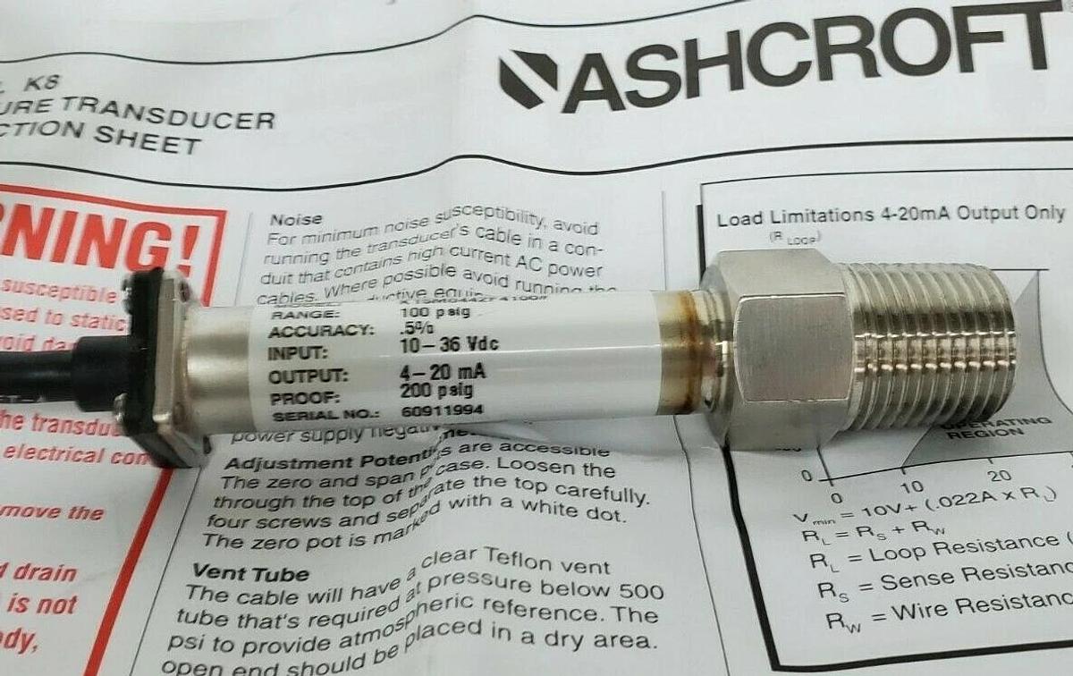 NIB ASHCROFT K1-5-M04-42-F4 TRANSDUCER 100PSIG 4-20mA 1/2" NPTM 6FT K15M0442F4#