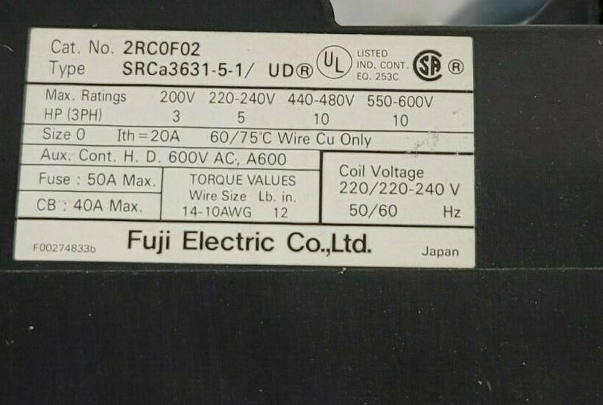 Used LOT OF 2 NEW FUJI ELECTRIC SRCA3631-5-1/UD CONTACTORS CAT. NO. 2RCOF02
