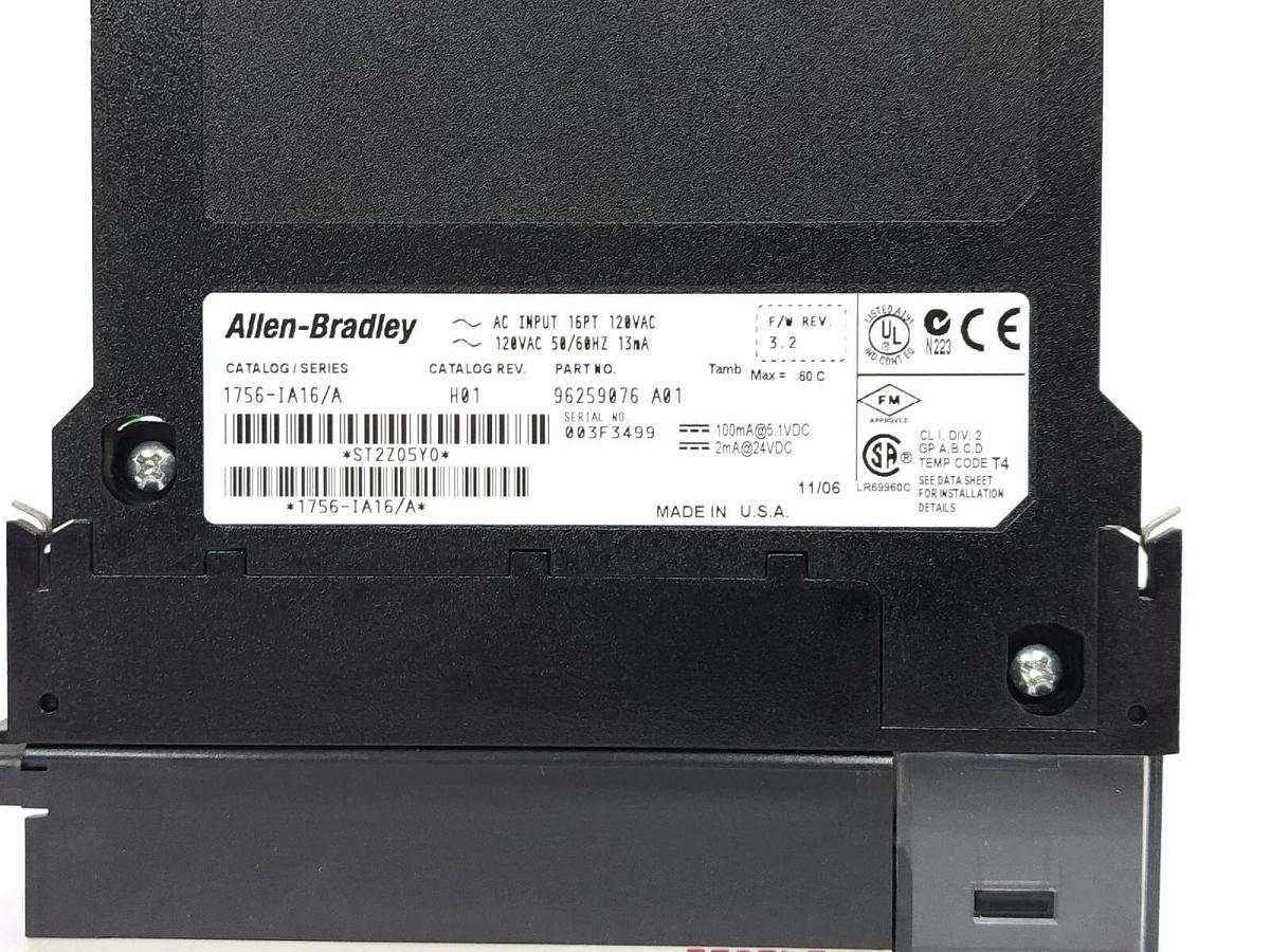 Used ALLEN BRADLEY 1756-IA16/A CONTROLLOGIX INPUT MODULE CAT REV. H01 F/W: 3.2