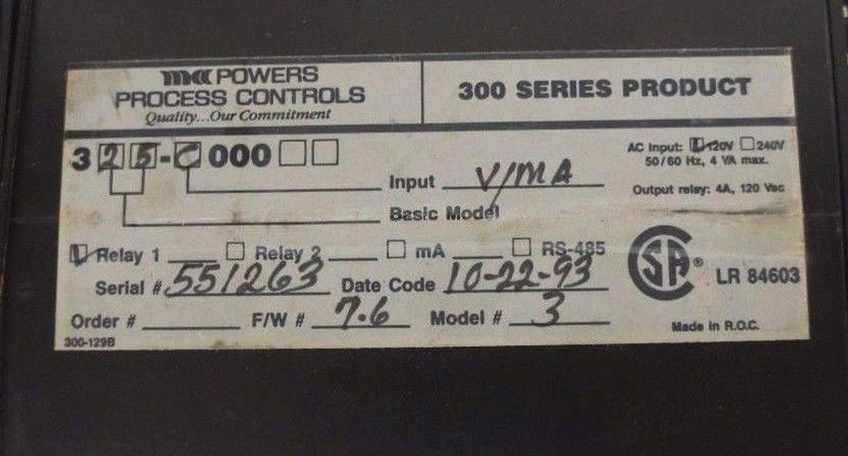 Used POWERS PROCESS CONTROLS 325-C000 DIGITAL TEMP. CONTROLLER 300 SERIES F/W 7.6