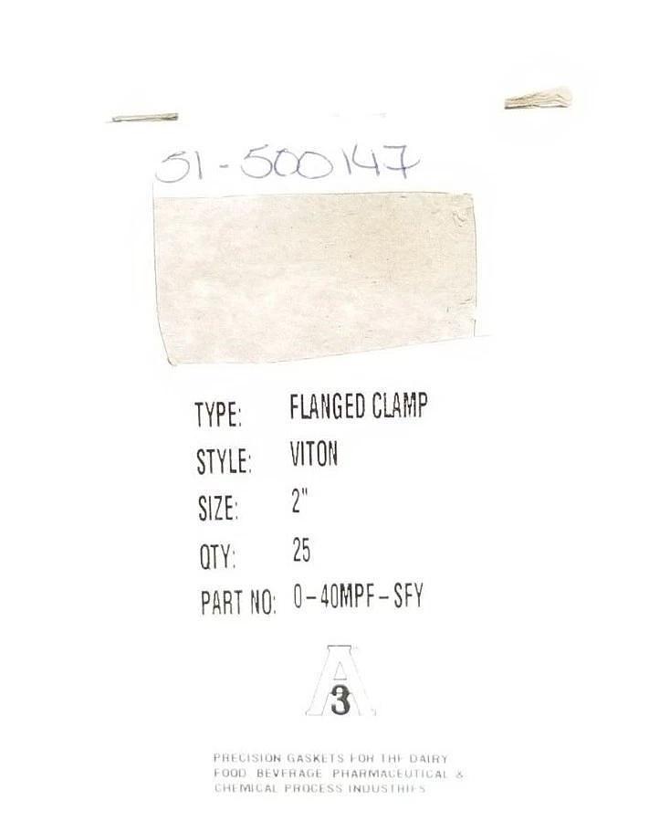 Used LOT OF 25 PURESERVE SYSTEMS A3 P/N: 0-40MPF-SFY FLANGED CLAMP GASKETS 2''
