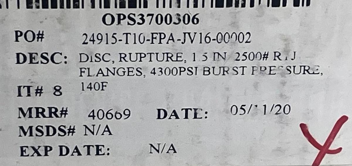 BS&B 1.5" Rupture Disk Type B Hastelloy C276 Burst 4245 PSIG @ 140 F 1.5 Inch