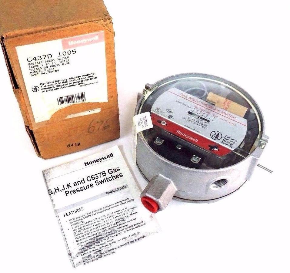 Used NIB HONEYWELL C437D 1005 GAS/AIR PRESSURE SWITCH 1-26'', C437D1005