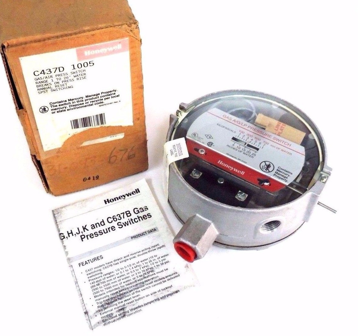 Used NIB HONEYWELL C437D 1005 GAS/AIR PRESSURE SWITCH 1-26'', C437D1005