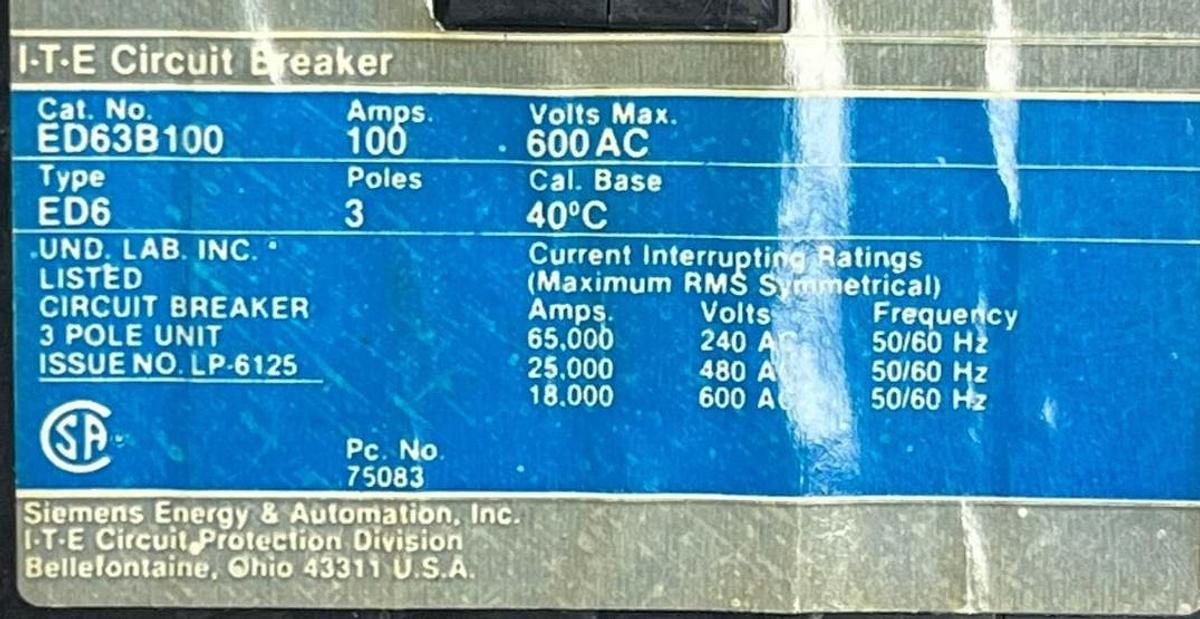 Used Siemens I-T-E ED63B100 Circuit Breaker 3 Pole 100A 600V ED6 w/ Bracket