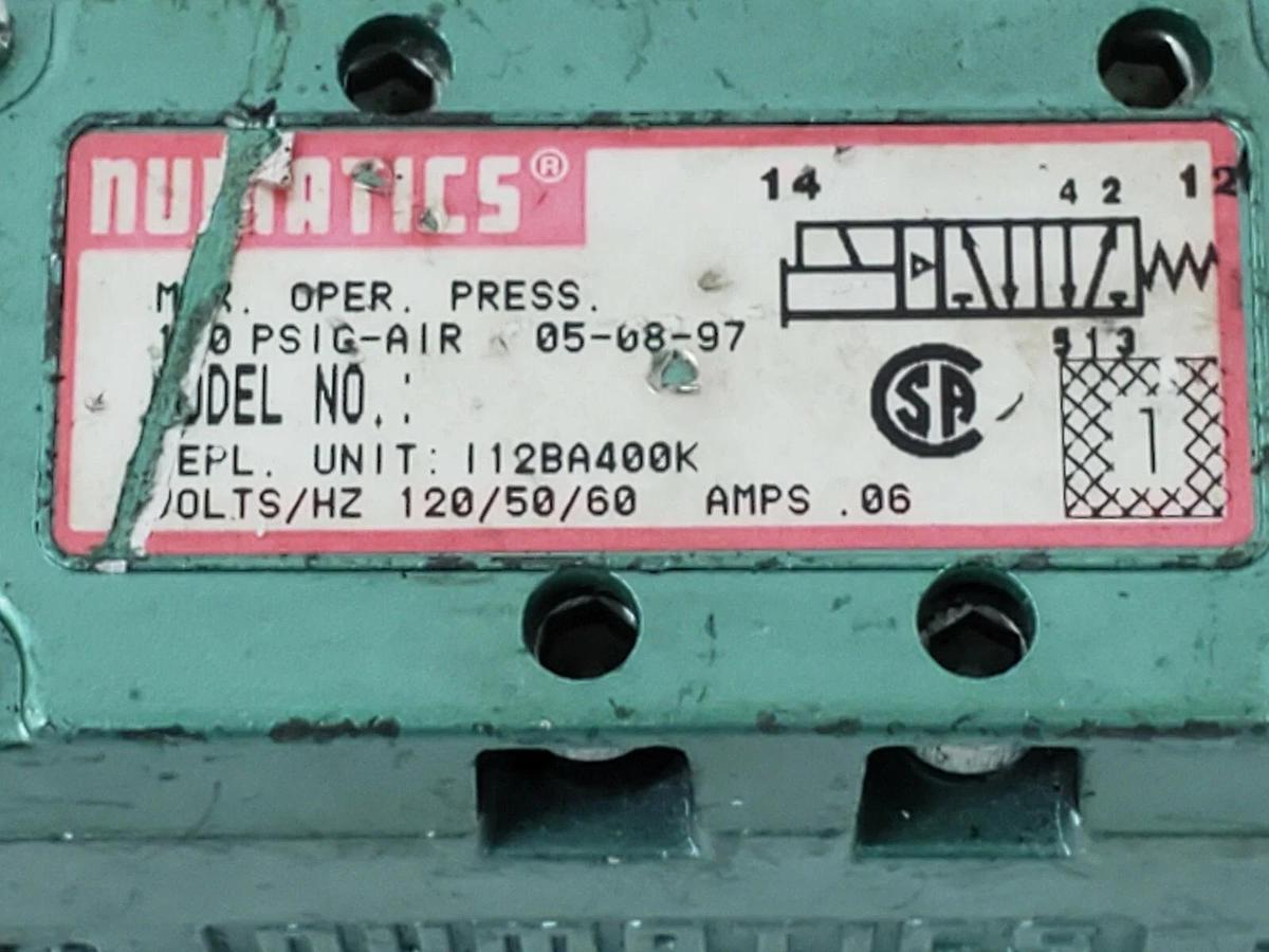 Used NUMATICS 112BA400K SOLENOID VALVE .06AMPS, 120/60/50 (NO COILS)