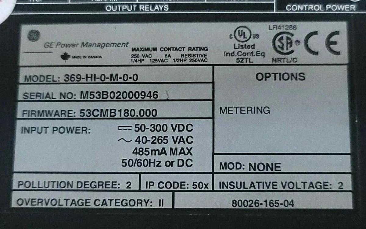 Used GENERAL ELECTRIC 369-HI-0-M-0-0 369 MOTOR PROTECTION RELAY 369HI0M00 (FOR PARTS)