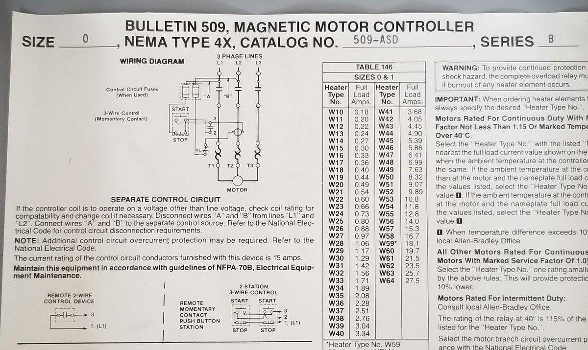Used ALLEN BRADLEY 509-ASD SER. B SIZE 0 MAGNETIC MOTOR CONTROLLER 509AOD