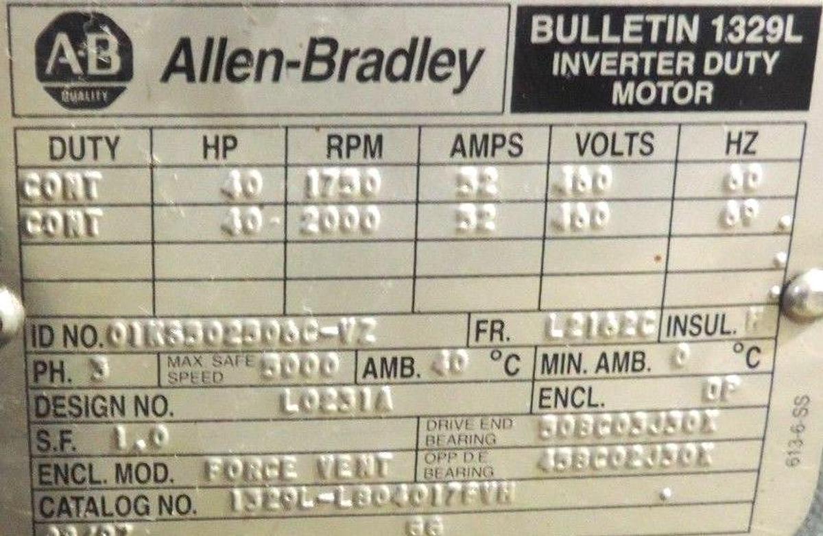 Used ALLEN BRADLEY 1329L-LB0401017FVH BULLETIN INVERTER DUTY MOTOR *REPAIRED*