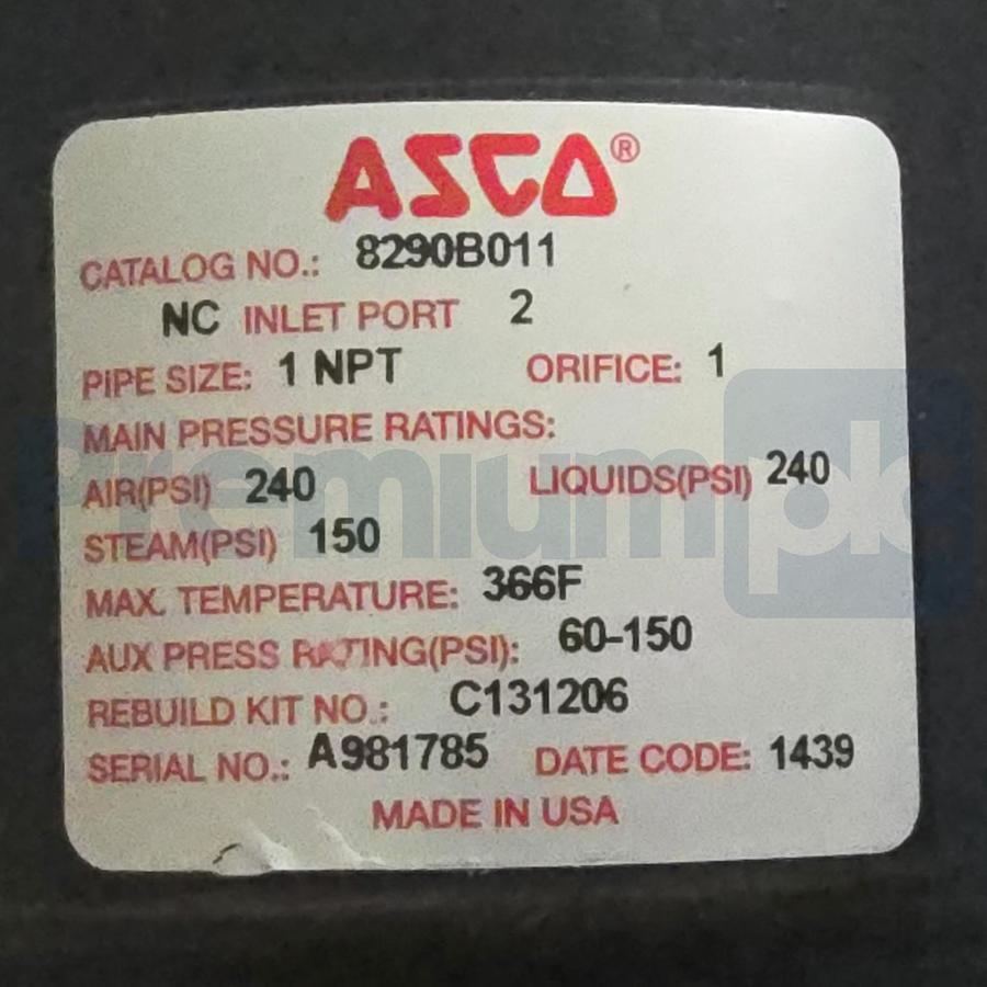 Used ASCO 8290B011 Angle Body Aux. Piloted Piston Valve 1" NPT Bronze 2/2 NC NSNP