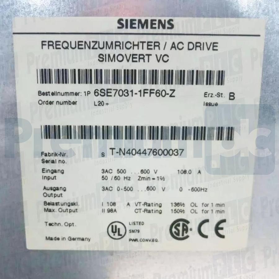 Used NEW SIEMENS 6SE7031-1FF60-Z L20+ AC DRIVE SIMOVERT VC 100HP 6SE7031-1FF60 Z+L20