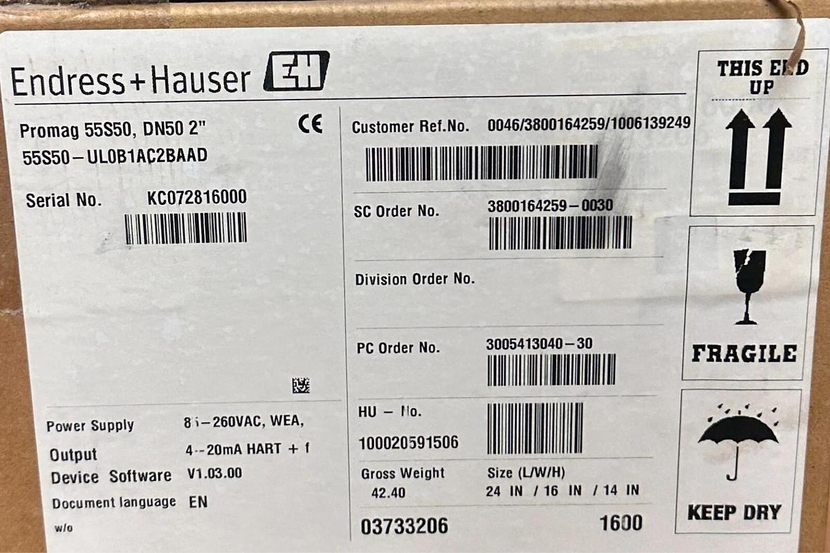 Used ENDRESS+HAUSER 55S50-UL0B1AC2BAAD Promag 55S50 DN50 2'' ELECTRO FLOW METER NSFS