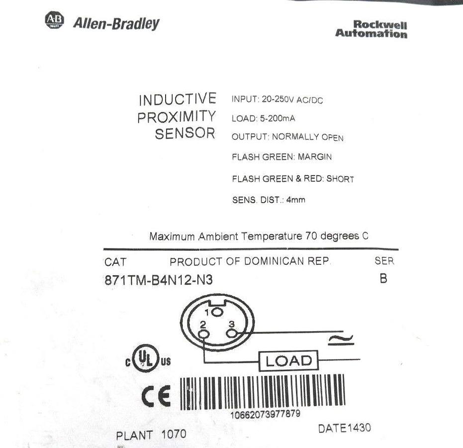 Used NEW ALLEN BRADLEY 871TM-B4N12-N3 PROX. SENSOR 871TMB4N12N3, SER. B