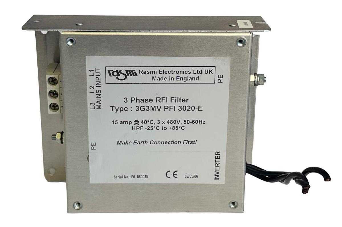 Used OMRON RASMI ELECTRONICS 3G3MV PFI 3020-E 3-PHASE RFI FILTER 15A 480V 50/60Hz