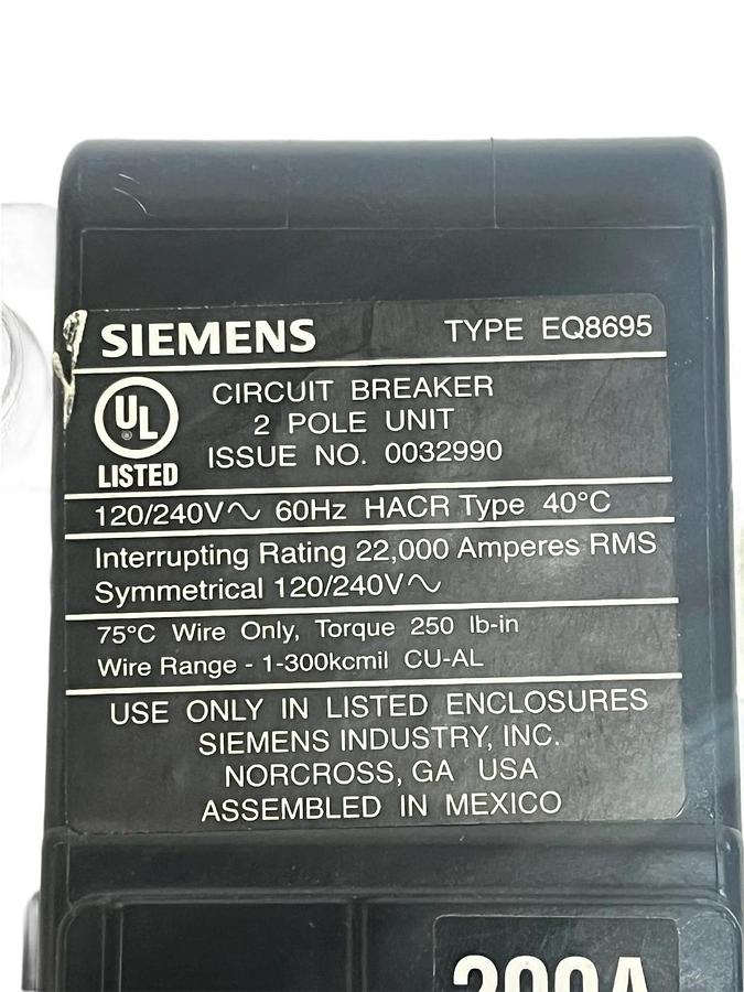 Used Siemens EQ8695 200 Amp 2-Pole Main Circuit Breaker 120/240V