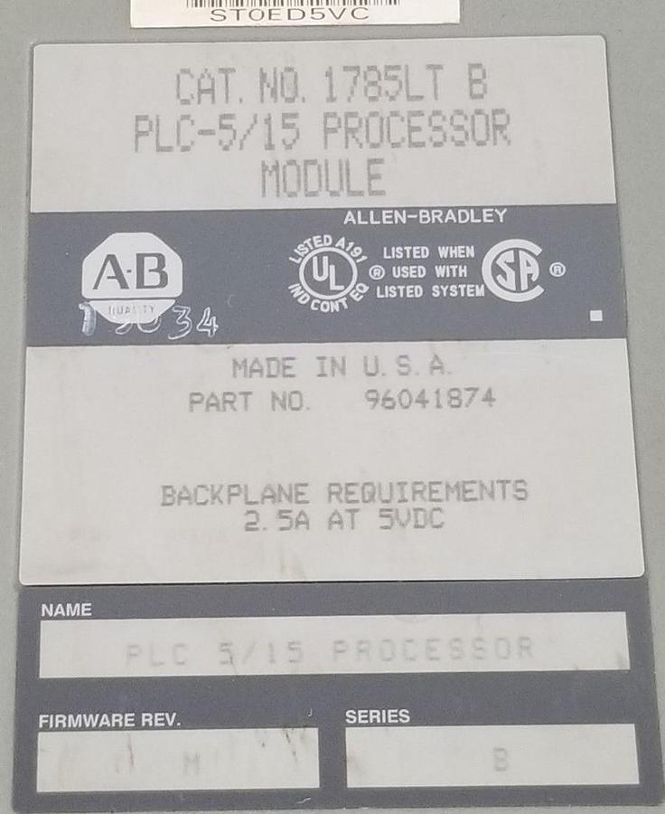 Used ALLEN BRADLEY 1785-LT/B PROCESSOR MODULE F/W REV. M SER. B 96041874 1785-LT