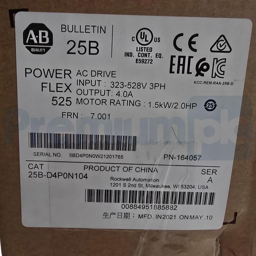 Allen Bradley 25B-D4P0N104 /A PowerFlex 525 AC Drive ENet/IP 2HP FRN. 7.001 NSMP 884951885882