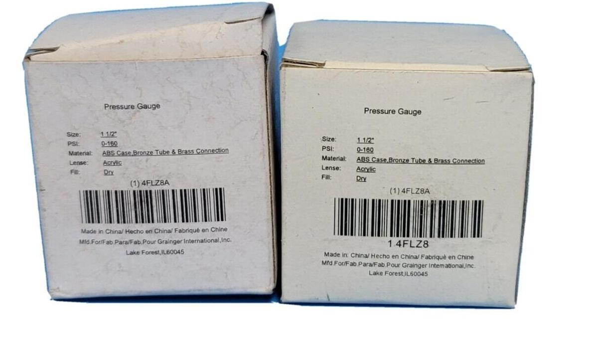 LOT OF 2 NIB GRAINGER 4FLZ8A PRESSURE GAUGES 0-160 PSI 1.5 FACE 1/8 NPT