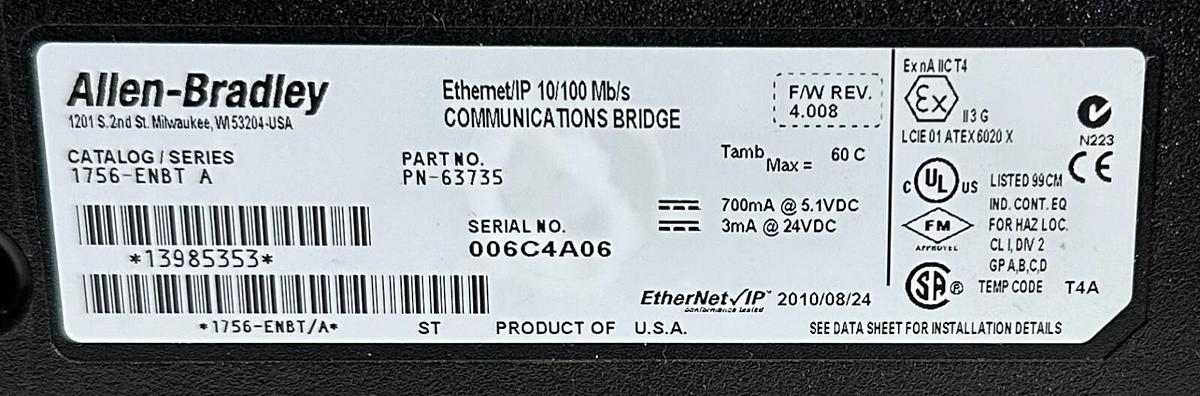 Used ALLEN BRADLEY 1756-ENBT /A ControlLogix EtherNet/IP 10/100Mb/s COMMS 1756ENBT