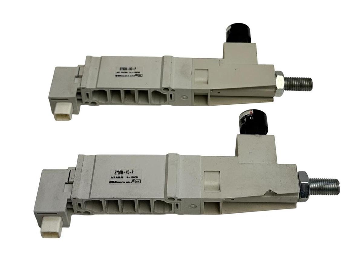 Used 2 SMC SY50M-N0-P / SY50MN0P PNEUMATIC PRESSURE REGULATORS W/ GAUGE 1-PORT USNP