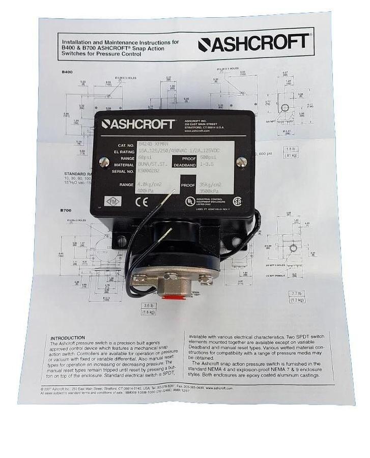 Used NIB ASHCROFT B424BXFMRN PRESSURE SWITCH RANGE: 60PSI